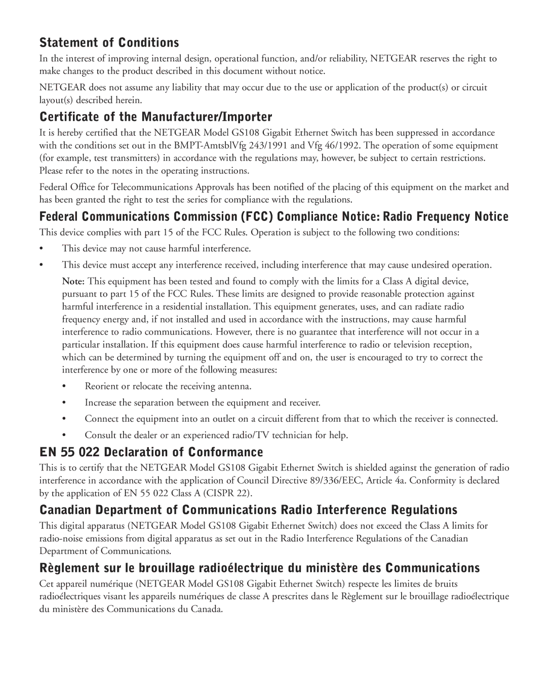 NETGEAR GS108A manual Statement of Conditions 