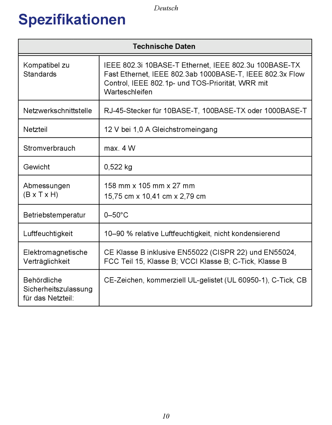 NETGEAR GS108E-100NAS manual Spezifikationen, Technische Daten 