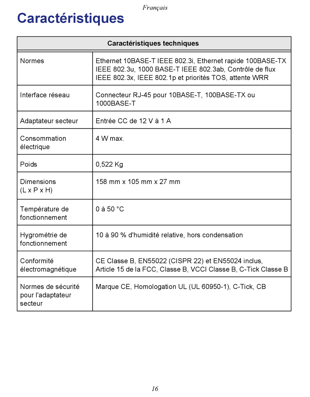 NETGEAR GS108E-100NAS manual Caractéristiques techniques 