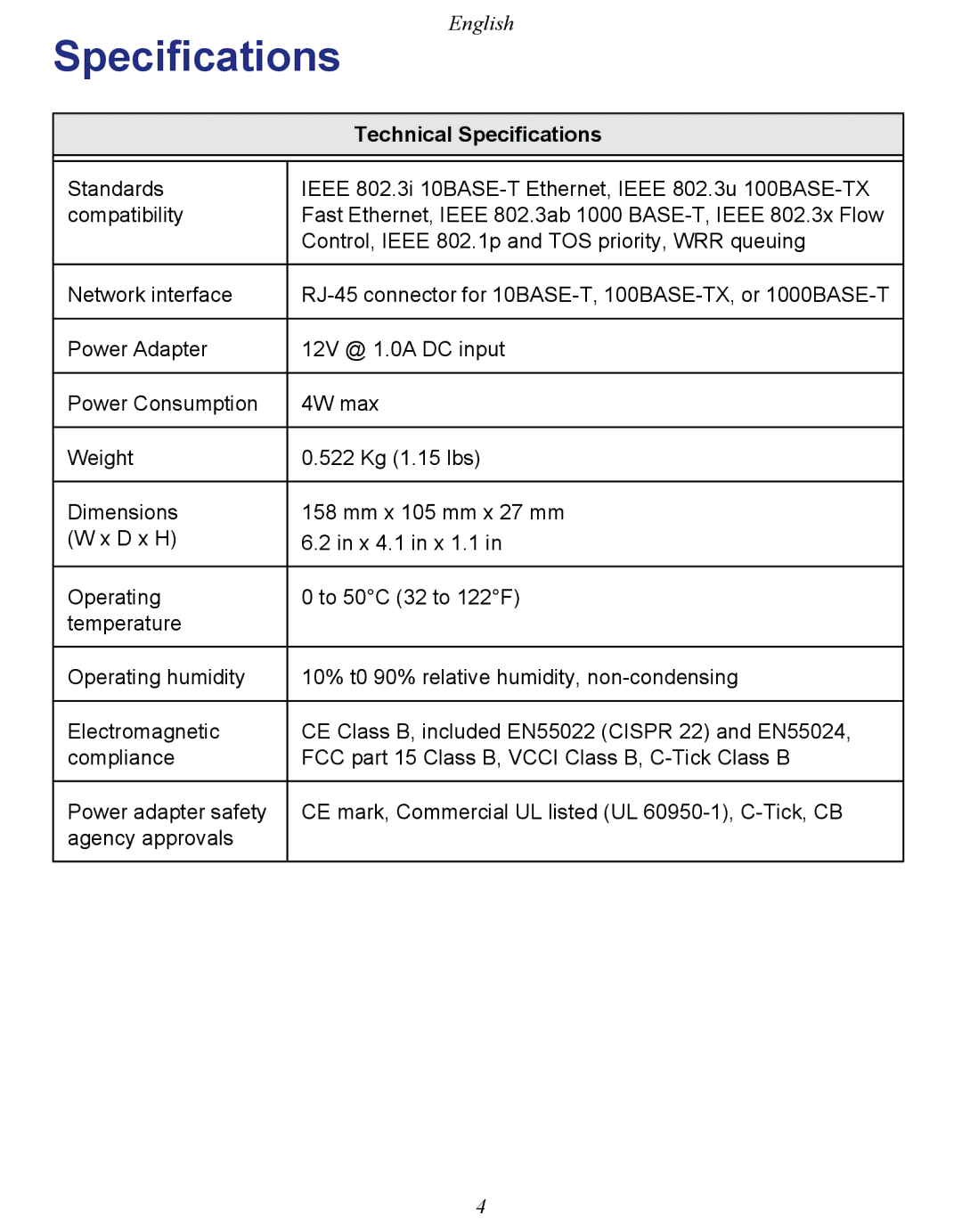 NETGEAR GS108E-100NAS manual Technical Specifications 