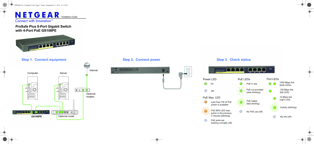 NETGEAR GS108PE-100NAS manual Connect equipment Connect power 