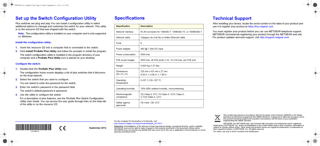 NETGEAR GS108PE-100NAS Set up the Switch Configuration Utility, Specifications, Technical Support, Configure the switch 