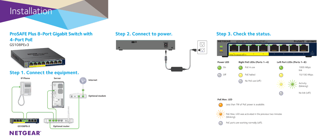 NETGEAR GS108PEv3 manual ProSAFE Plus 8-Port Gigabit Switch with, Port PoE, Connect the equipment, Check the status 