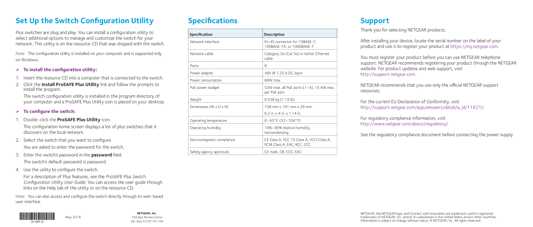 NETGEAR GS108PEv3 Set Up the Switch Conﬁguration Utility, Speciﬁcations, Support,  To install the conﬁguration utility 