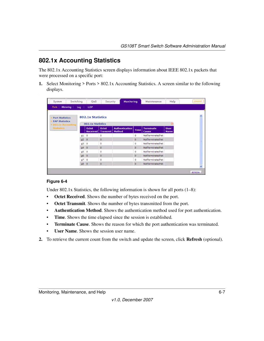 NETGEAR GS108T-100NAS manual 802.1x Accounting Statistics 