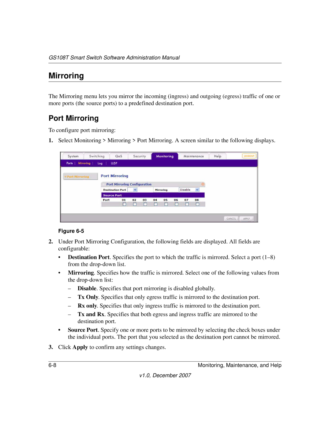 NETGEAR GS108T-100NAS manual Port Mirroring 