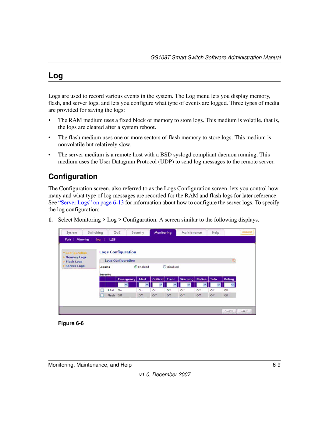 NETGEAR GS108T-100NAS manual Log, Configuration 