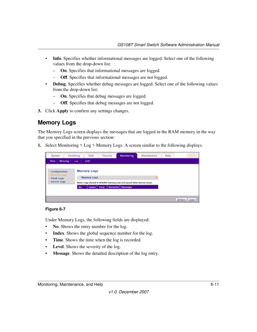 NETGEAR GS108T-100NAS manual Memory Logs 