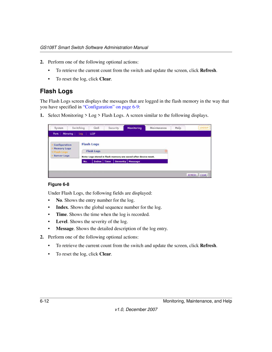 NETGEAR GS108T-100NAS manual Flash Logs 