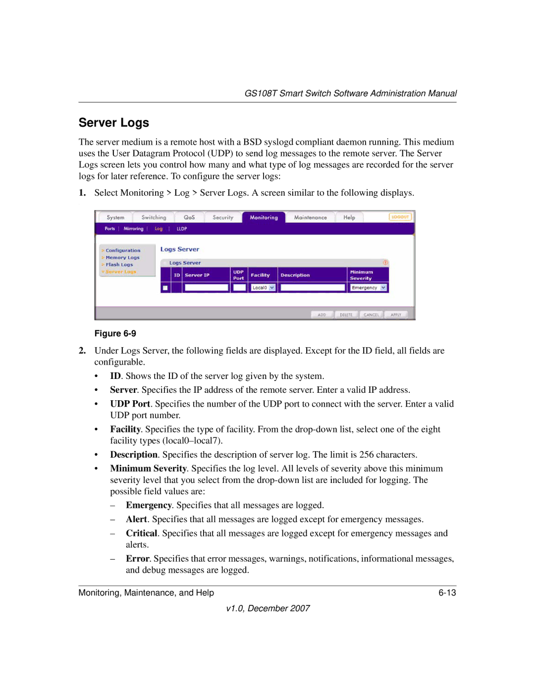 NETGEAR GS108T-100NAS manual Server Logs 