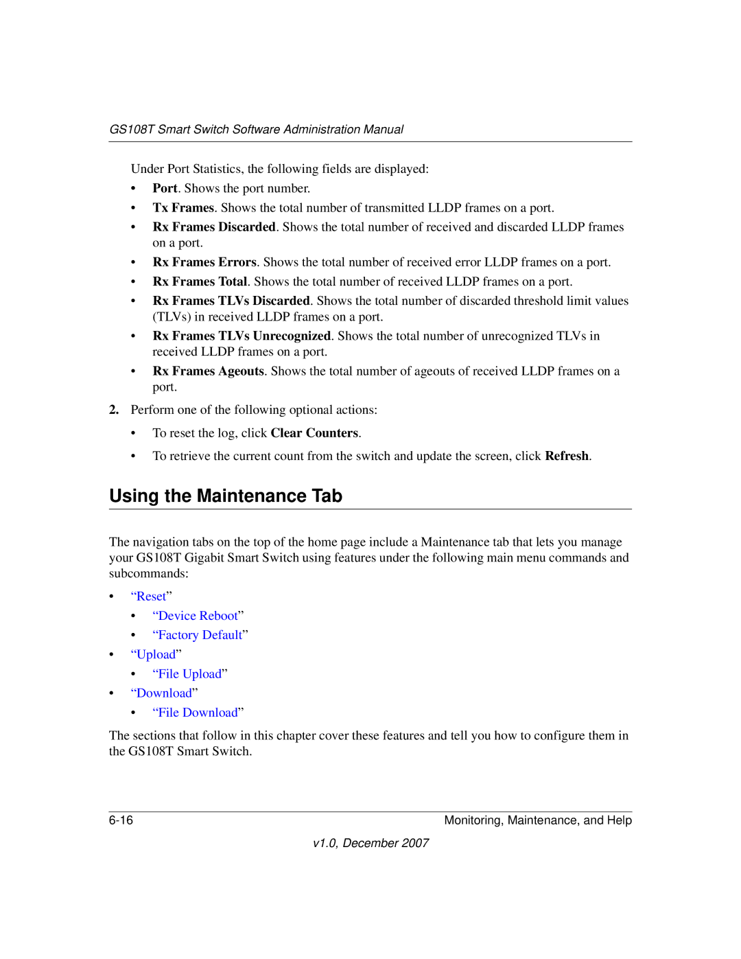 NETGEAR GS108T-100NAS manual Using the Maintenance Tab 