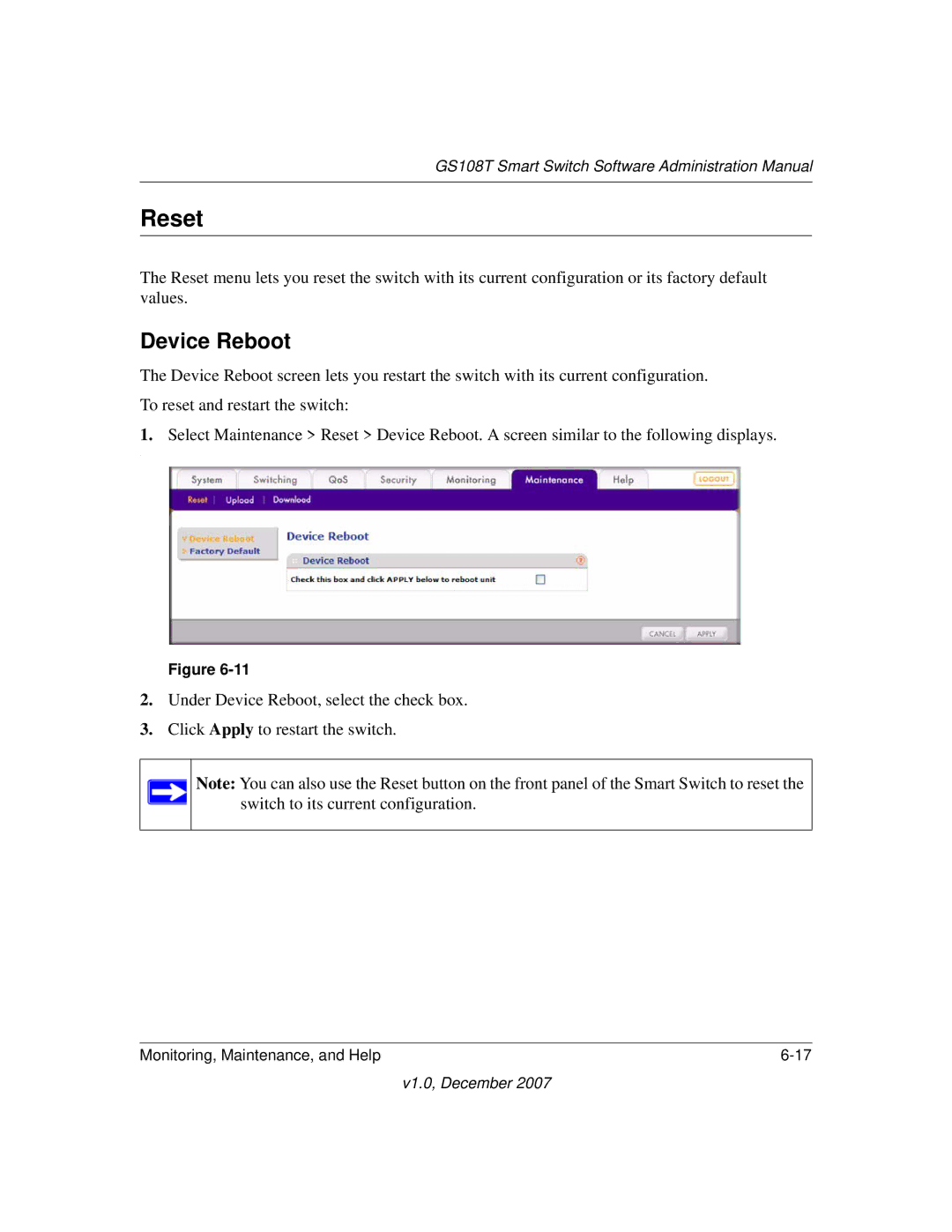 NETGEAR GS108T-100NAS manual Reset, Device Reboot 