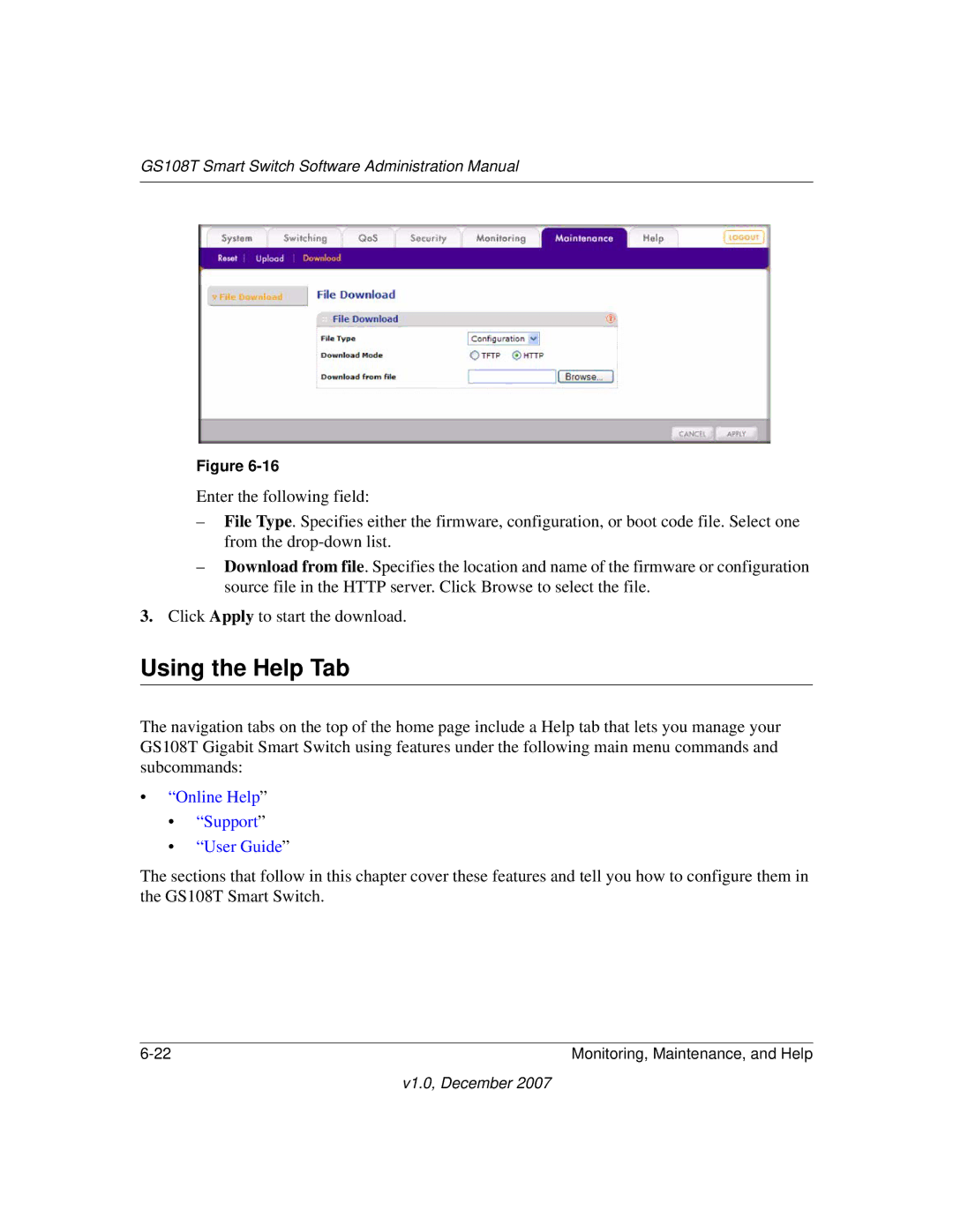 NETGEAR GS108T-100NAS manual Using the Help Tab, Online Help Support User Guide 