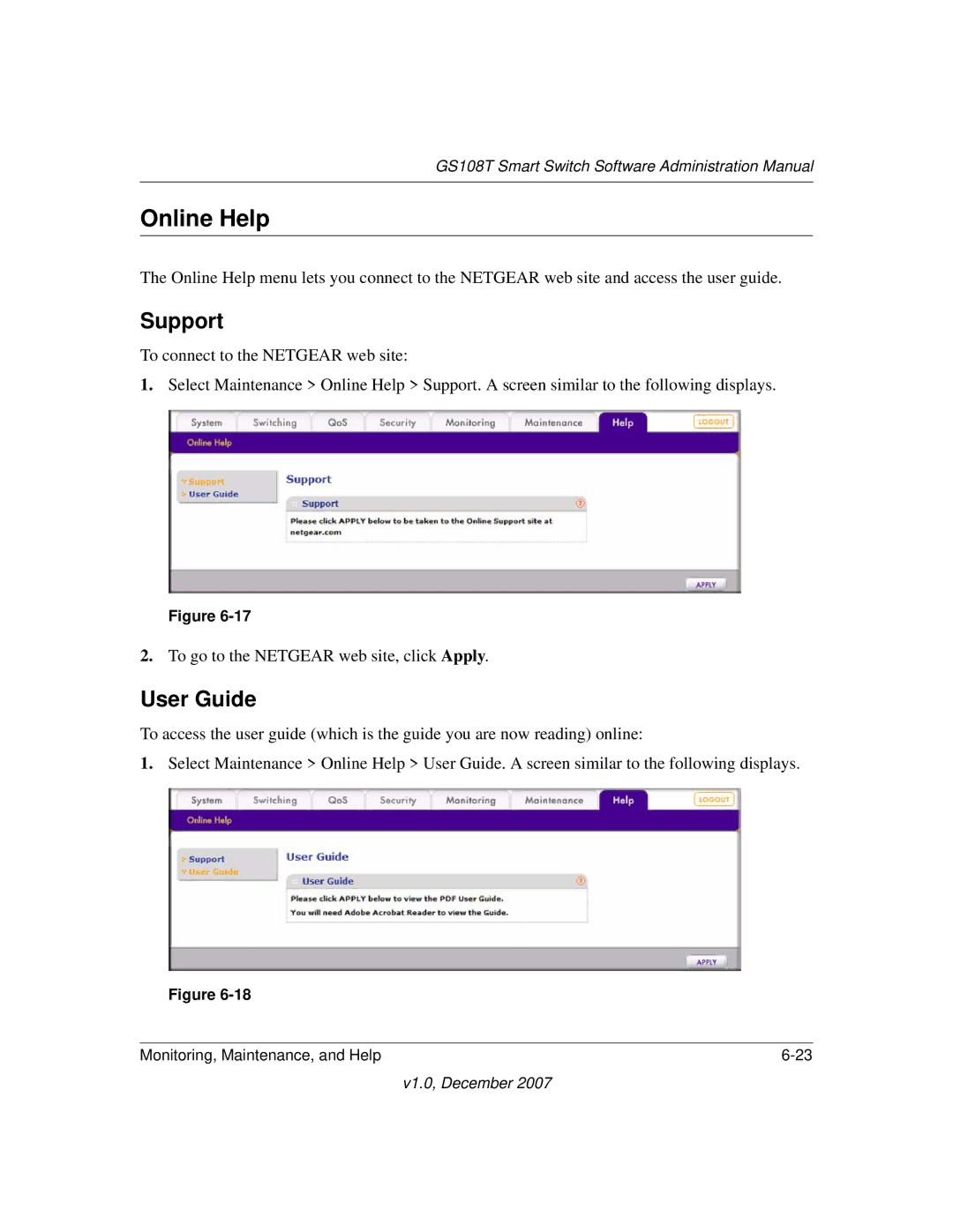 NETGEAR GS108T-100NAS manual Online Help, Support, User Guide 