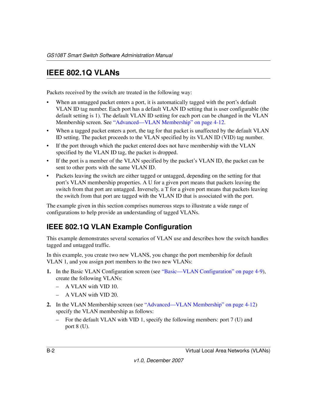 NETGEAR GS108T-100NAS manual Ieee 802.1Q VLANs, Ieee 802.1Q Vlan Example Configuration 