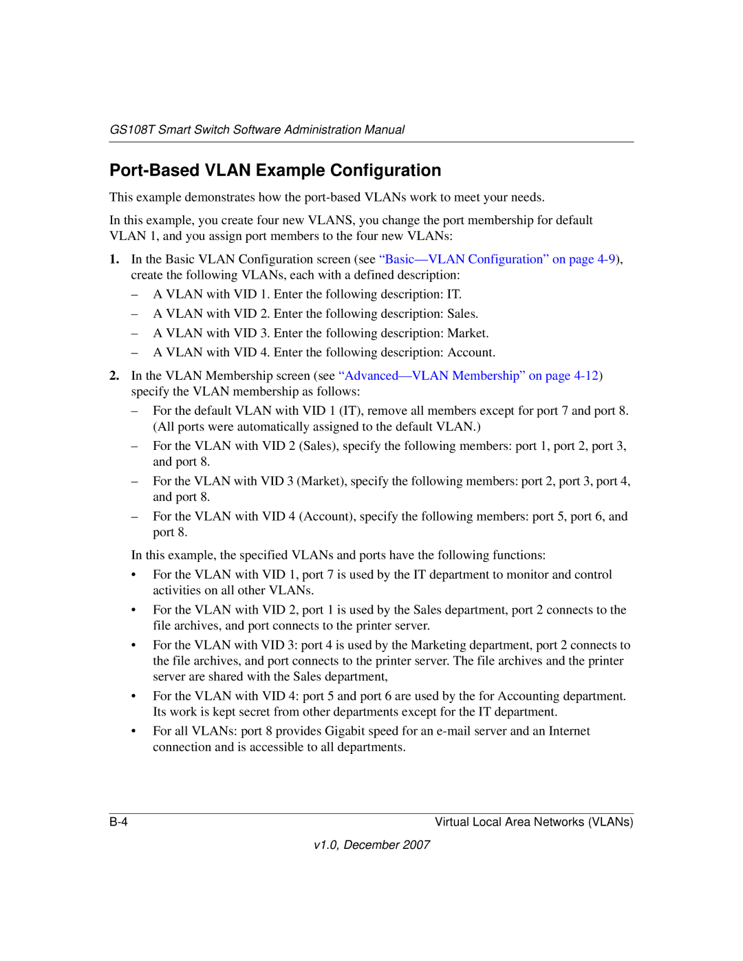 NETGEAR GS108T-100NAS manual Port-Based Vlan Example Configuration 