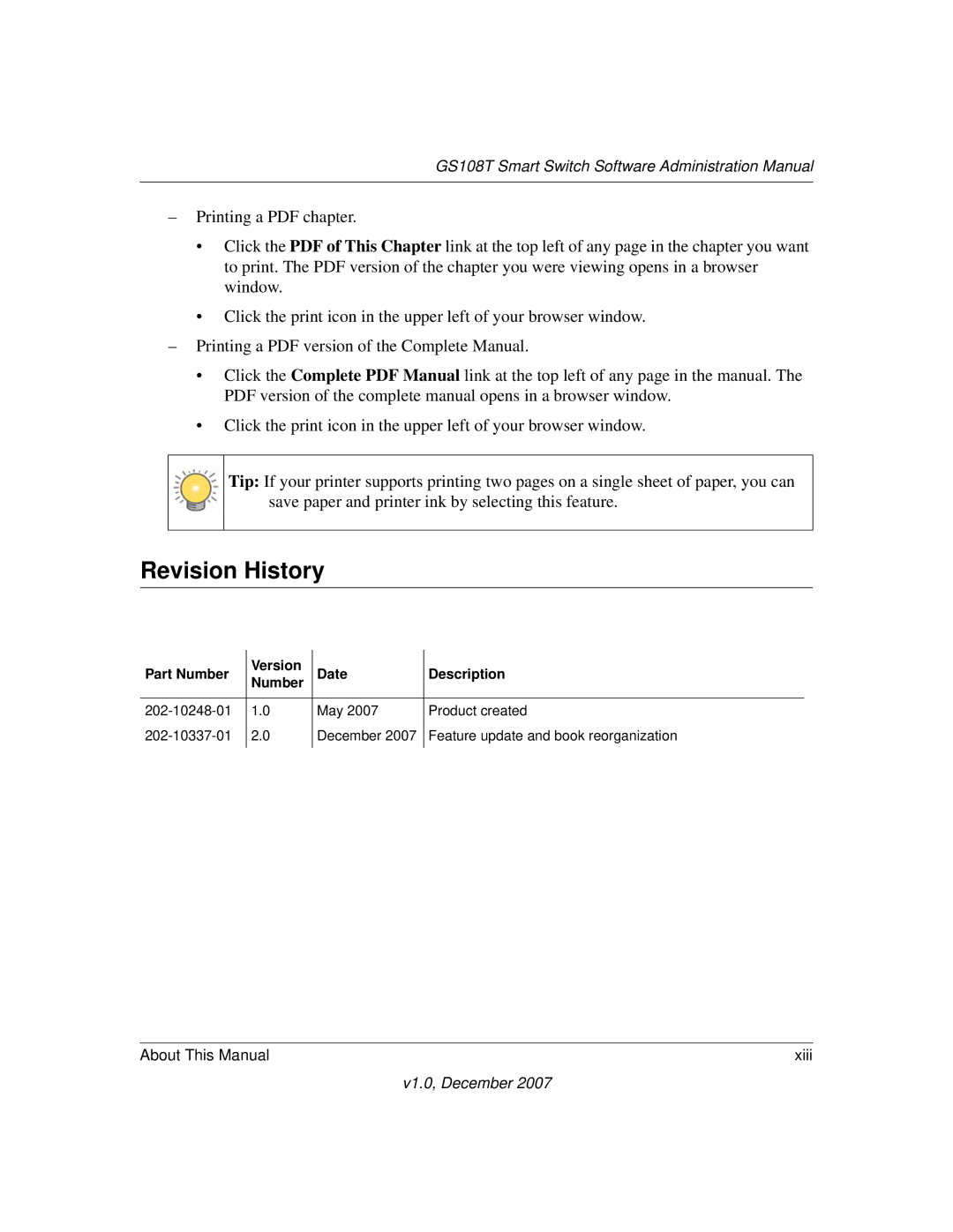 NETGEAR GS108T-100NAS manual Revision History, Part Number Version Date Description 