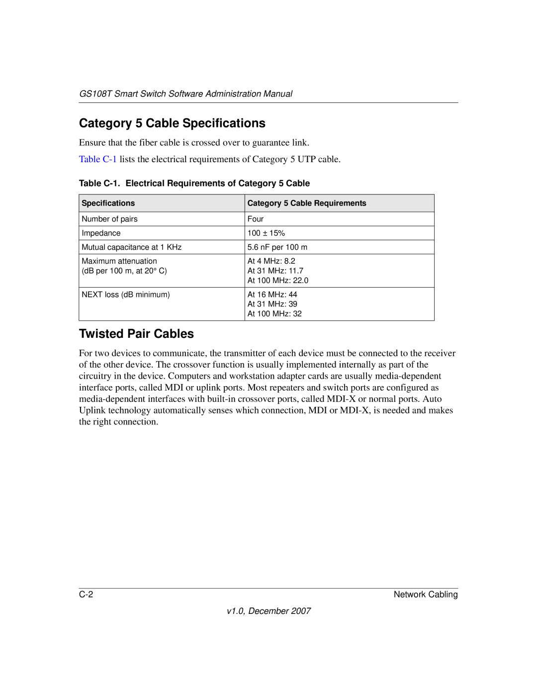 NETGEAR GS108T-100NAS manual Category 5 Cable Specifications, Twisted Pair Cables 