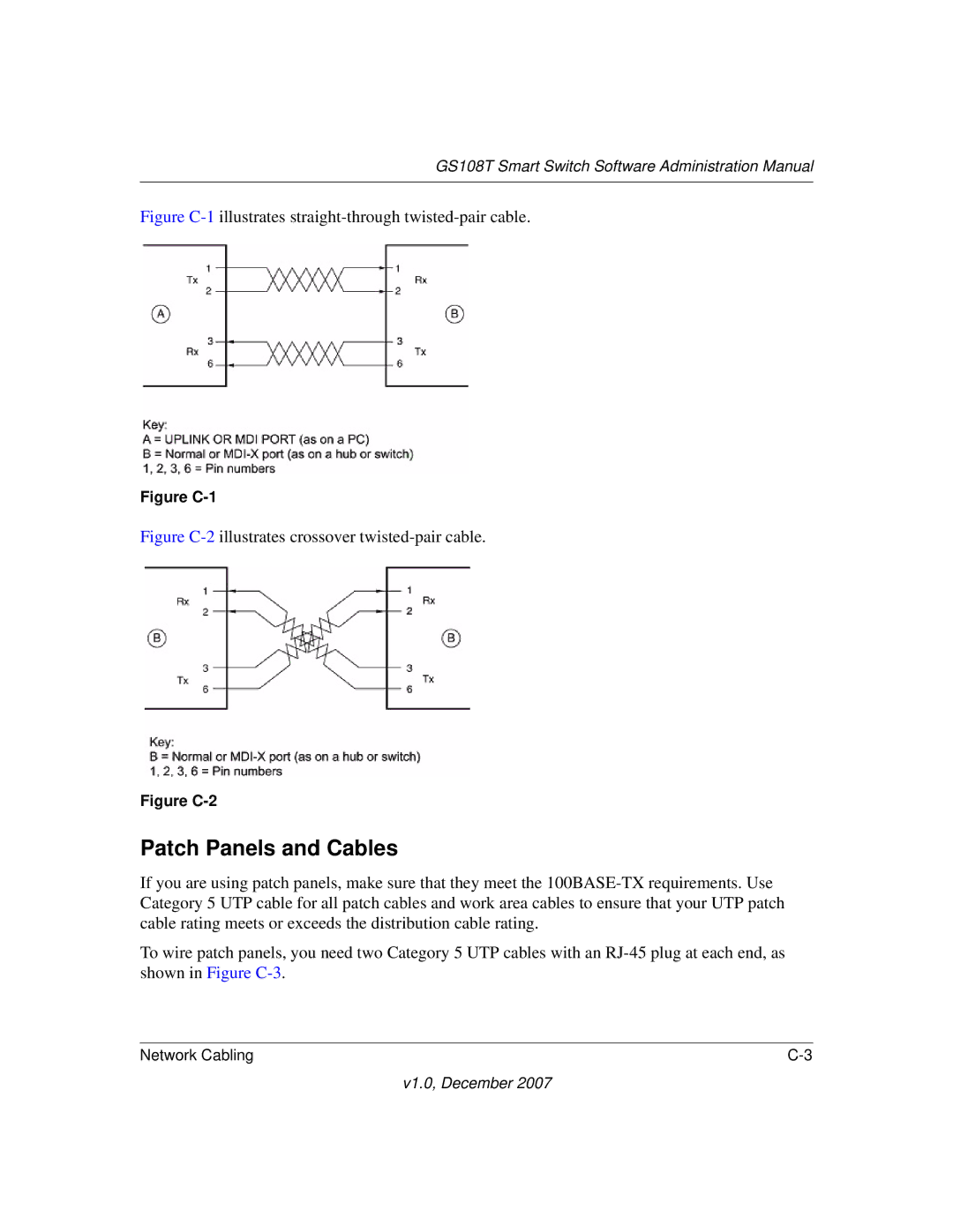 NETGEAR GS108T-100NAS manual Patch Panels and Cables, Figure C-1illustrates straight-through twisted-pair cable 