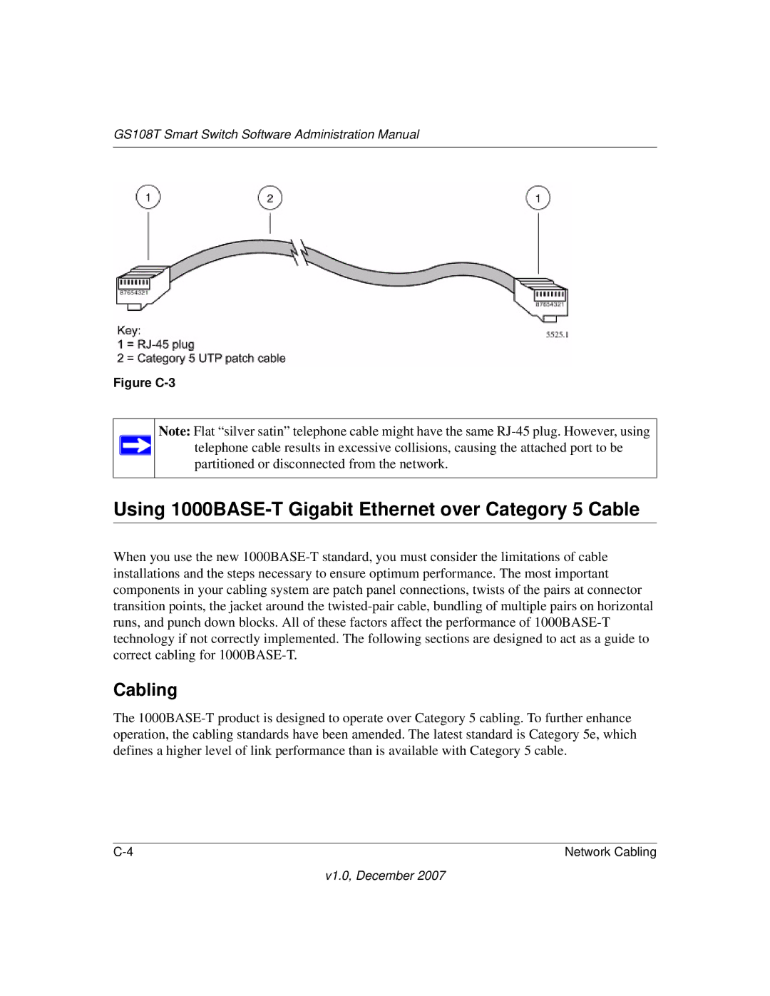 NETGEAR GS108T-100NAS manual Using 1000BASE-T Gigabit Ethernet over Category 5 Cable, Cabling 