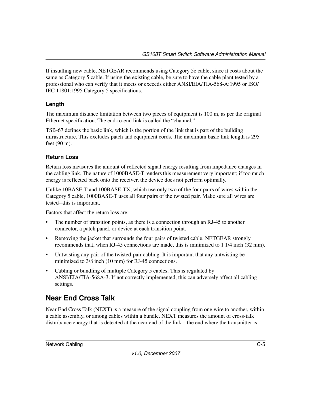 NETGEAR GS108T-100NAS manual Near End Cross Talk, Length 