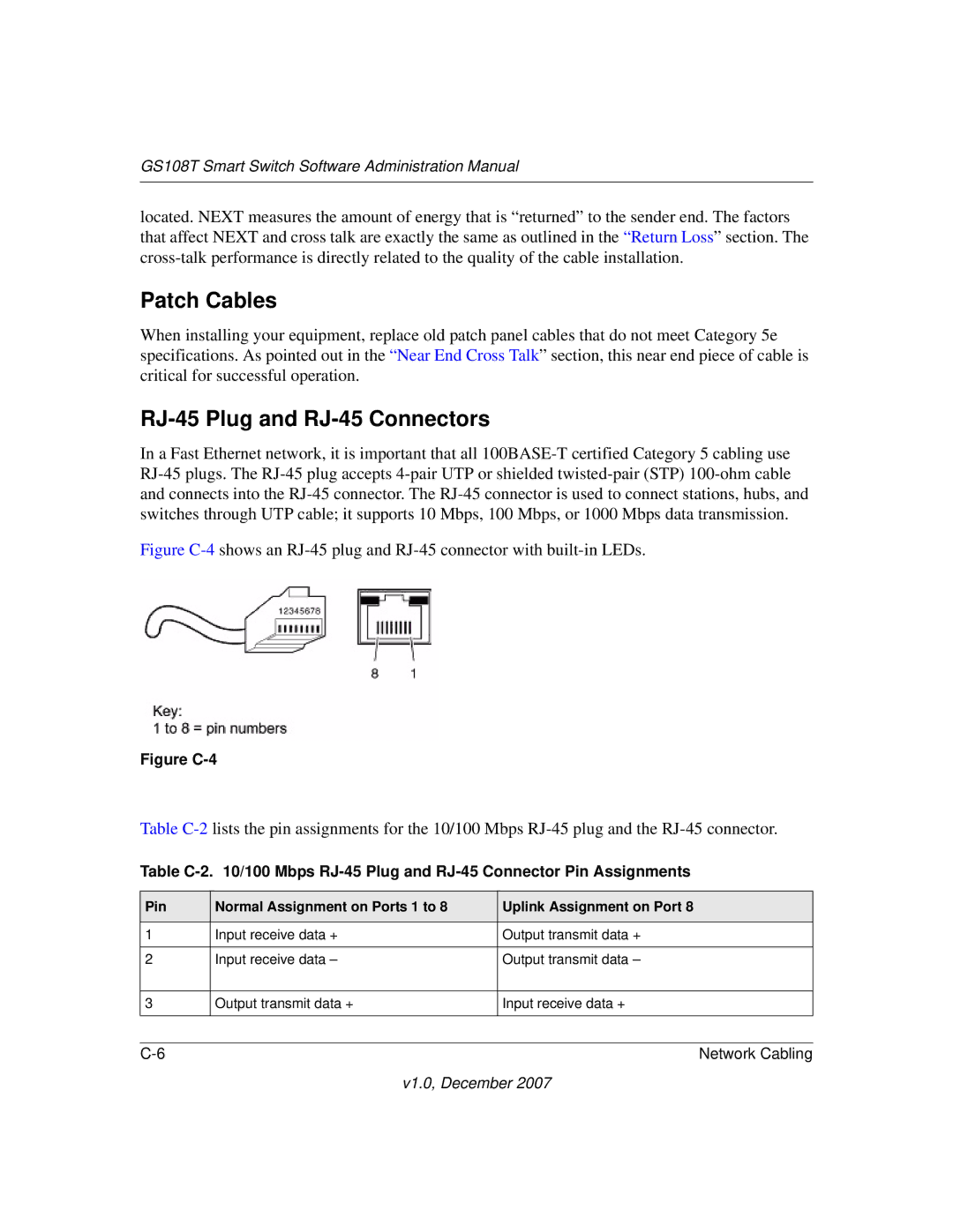 NETGEAR GS108T-100NAS manual Patch Cables, RJ-45 Plug and RJ-45 Connectors 