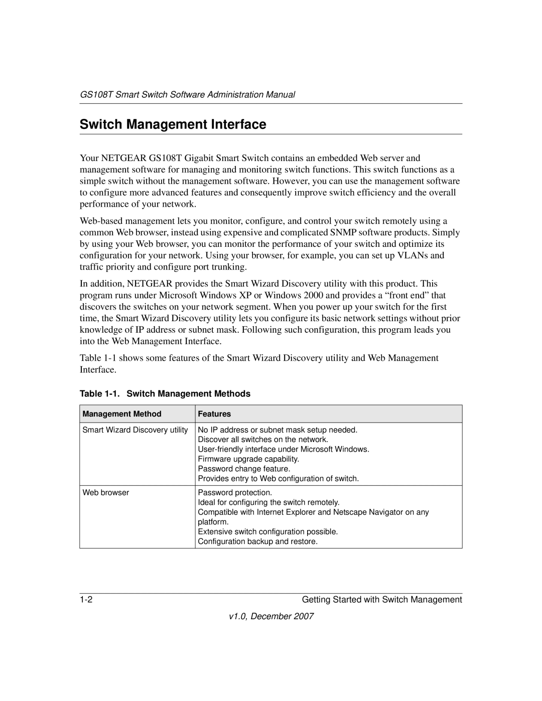 NETGEAR GS108T-100NAS manual Switch Management Interface, Switch Management Methods 