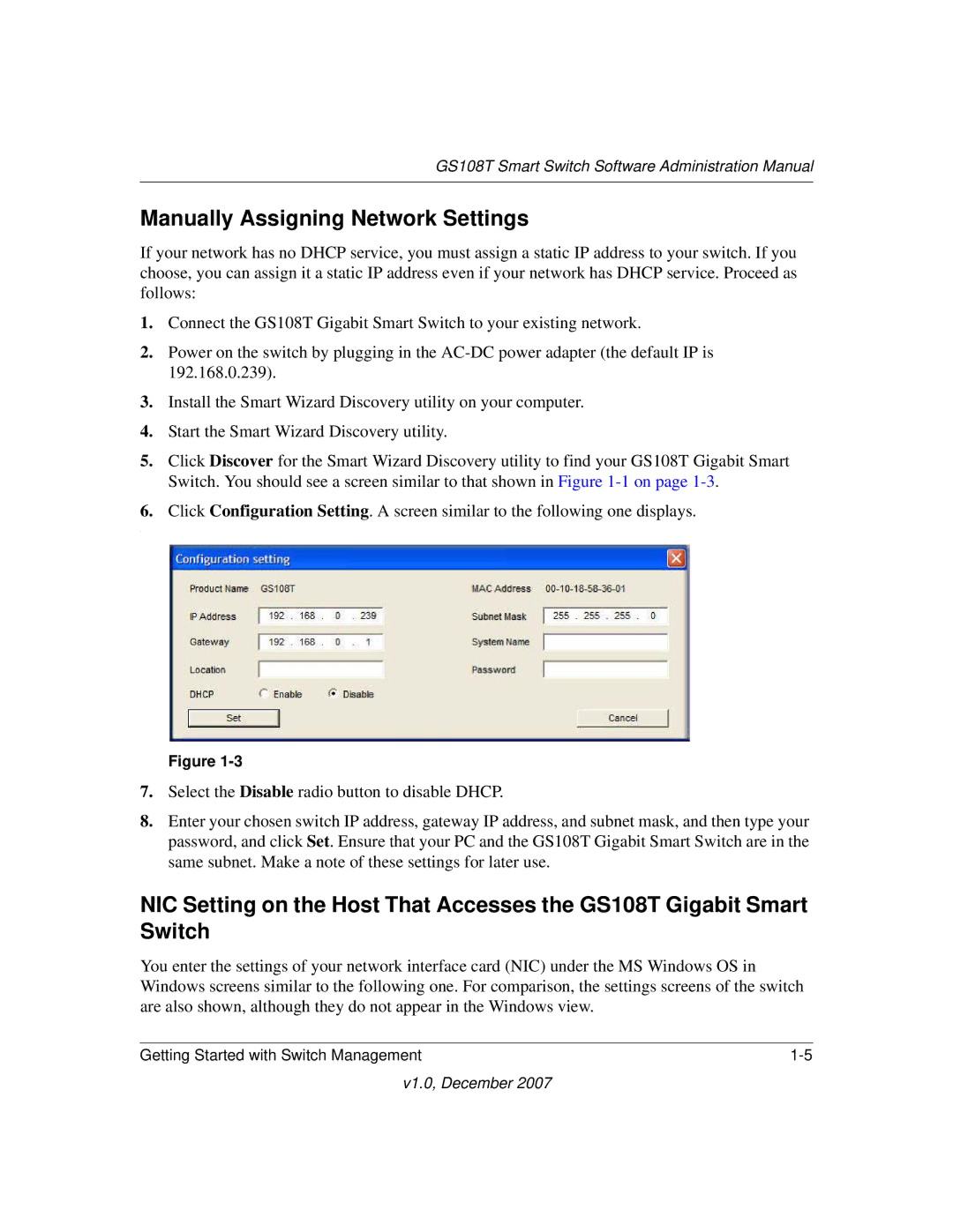 NETGEAR GS108T-100NAS manual Manually Assigning Network Settings 