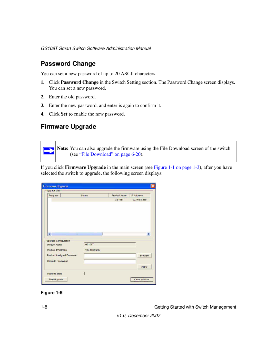 NETGEAR GS108T-100NAS manual Password Change, Firmware Upgrade 