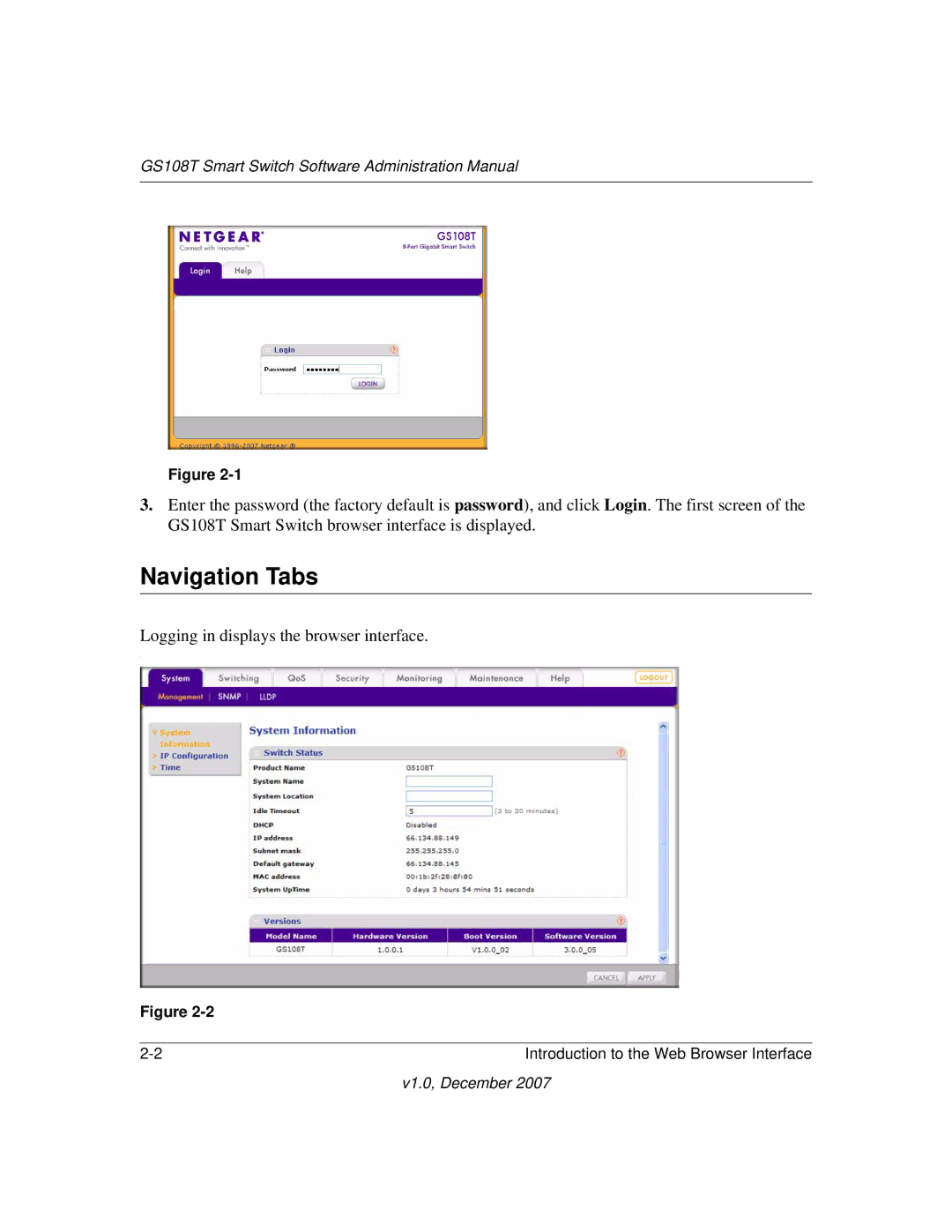 NETGEAR GS108T-100NAS manual Navigation Tabs, Logging in displays the browser interface 