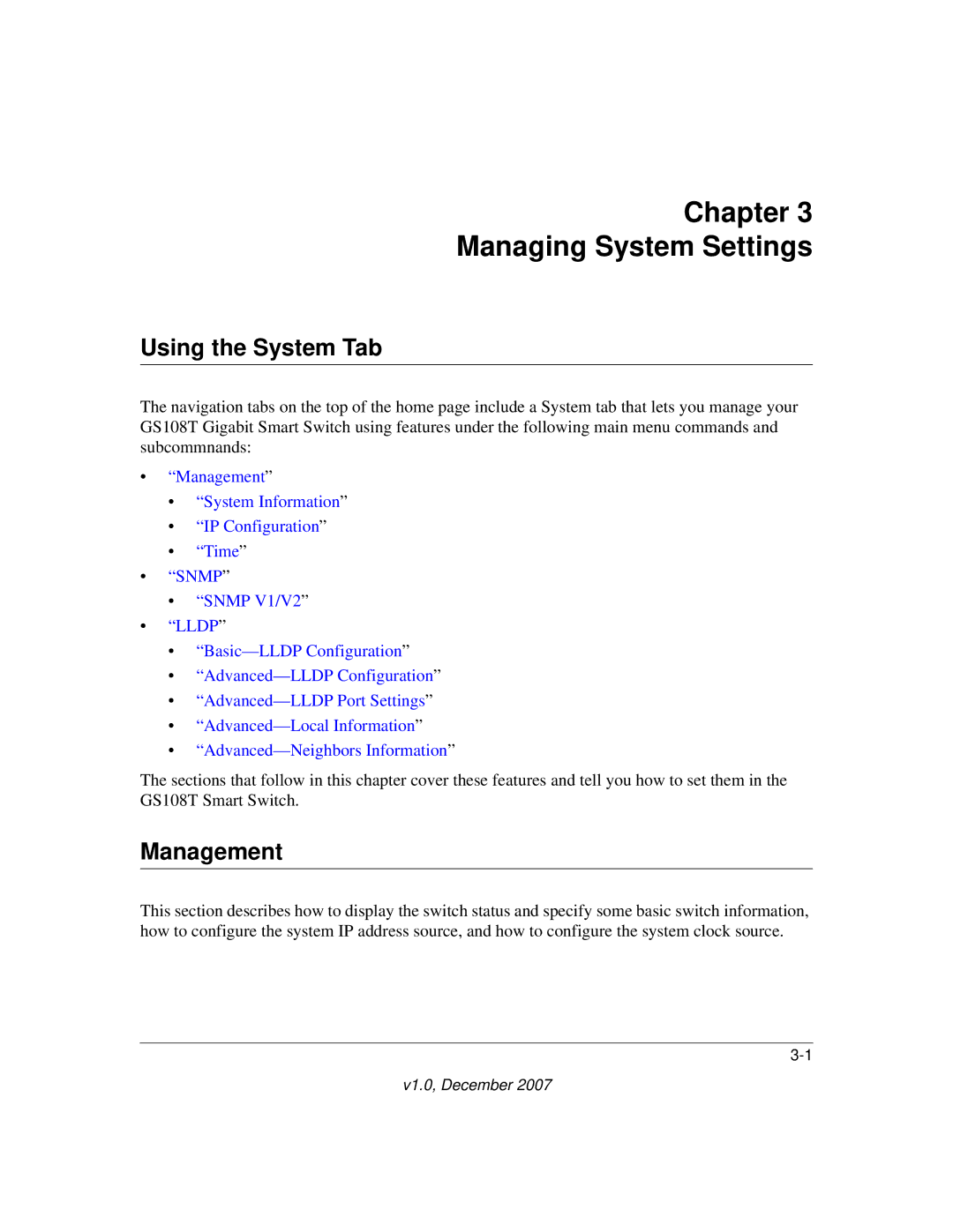 NETGEAR GS108T-100NAS manual Chapter Managing System Settings, Using the System Tab, Management 