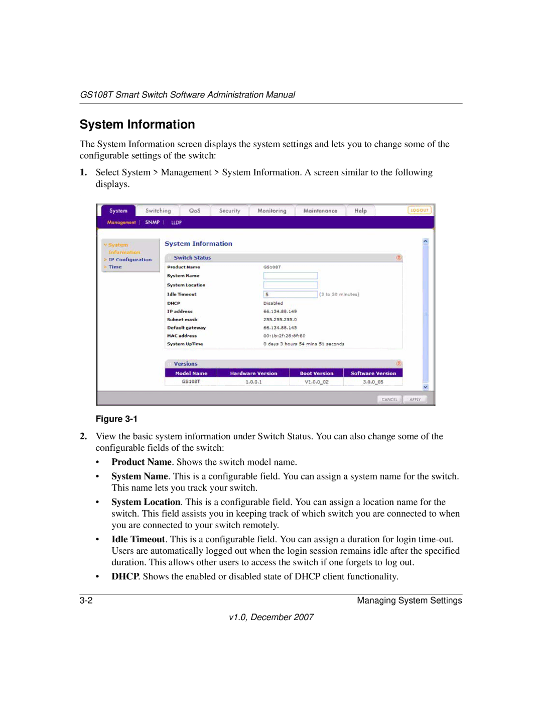 NETGEAR GS108T-100NAS manual System Information 