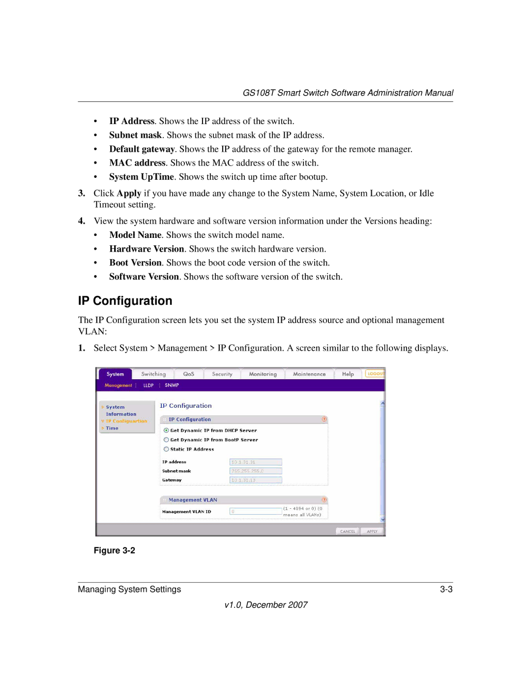 NETGEAR GS108T-100NAS manual IP Configuration 