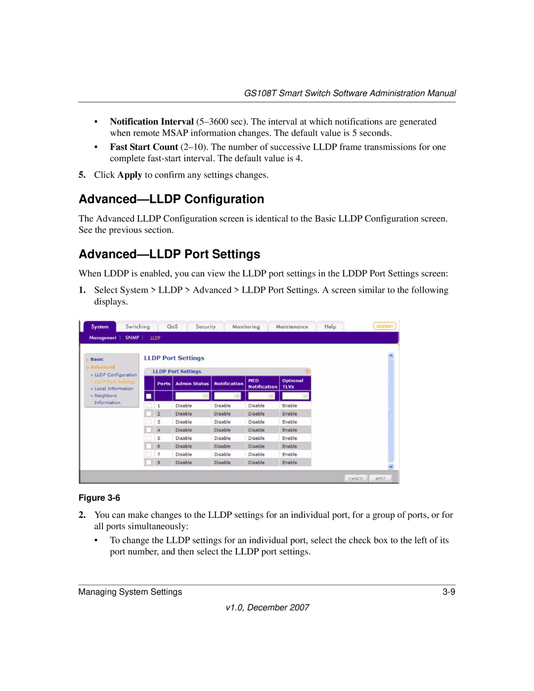 NETGEAR GS108T-100NAS manual Advanced-LLDP Configuration, Advanced-LLDP Port Settings 