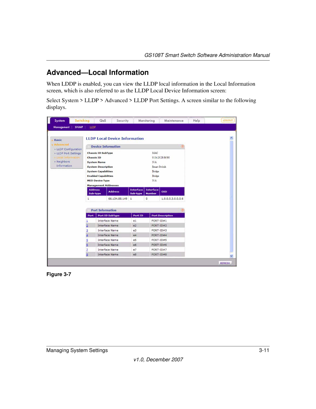 NETGEAR GS108T-100NAS manual Advanced-Local Information 