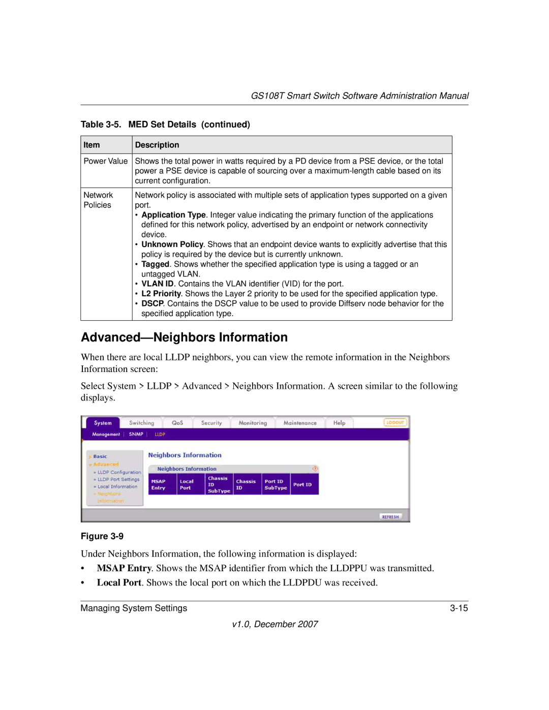 NETGEAR GS108T-100NAS manual Advanced-Neighbors Information 