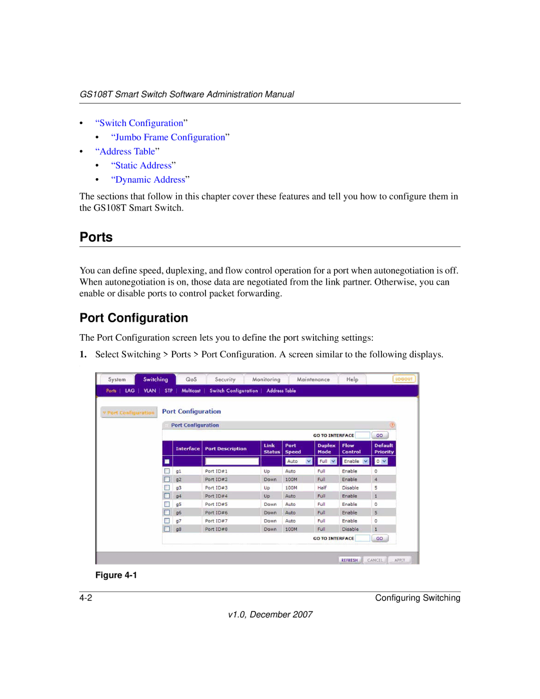 NETGEAR GS108T-100NAS manual Ports, Port Configuration 