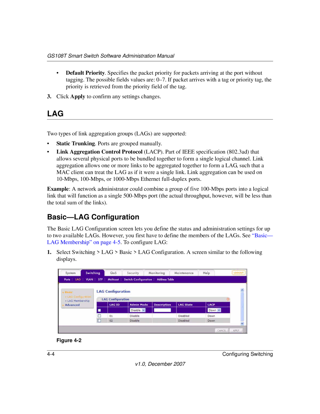 NETGEAR GS108T-100NAS manual Lag, Basic-LAG Configuration 