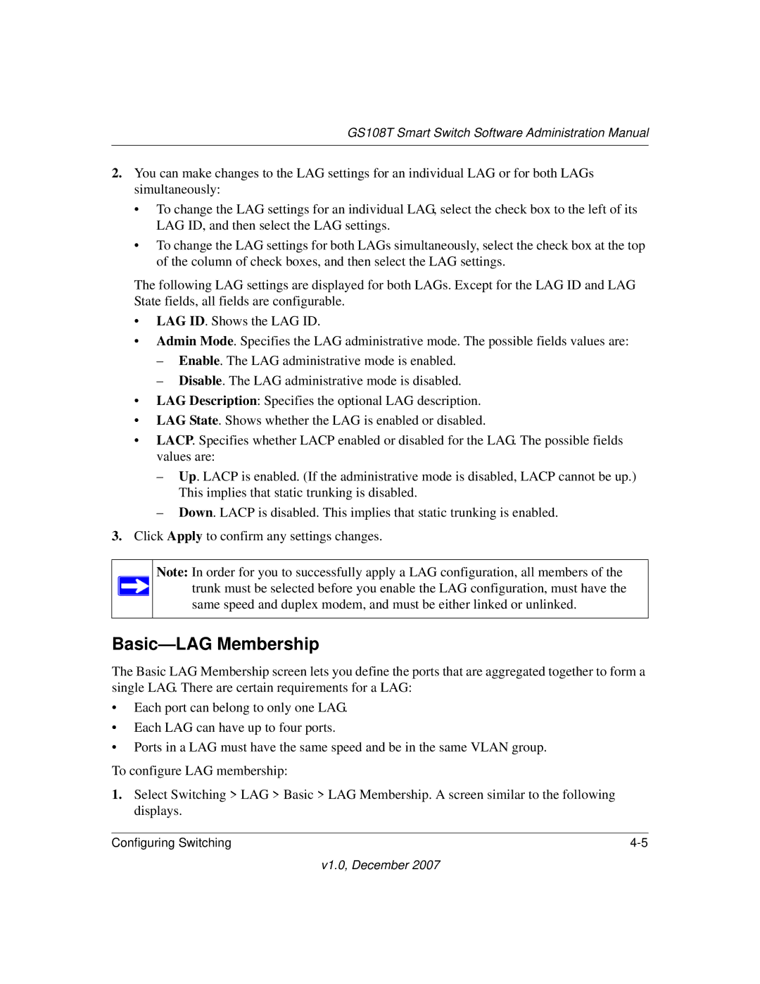 NETGEAR GS108T-100NAS manual Basic-LAG Membership 