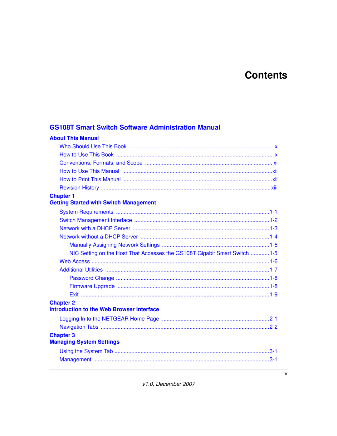 NETGEAR GS108T-100NAS manual Contents 