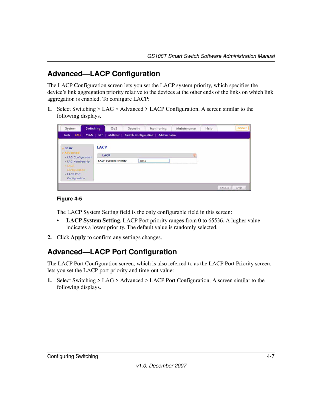 NETGEAR GS108T-100NAS manual Advanced-LACP Configuration, Advanced-LACP Port Configuration 