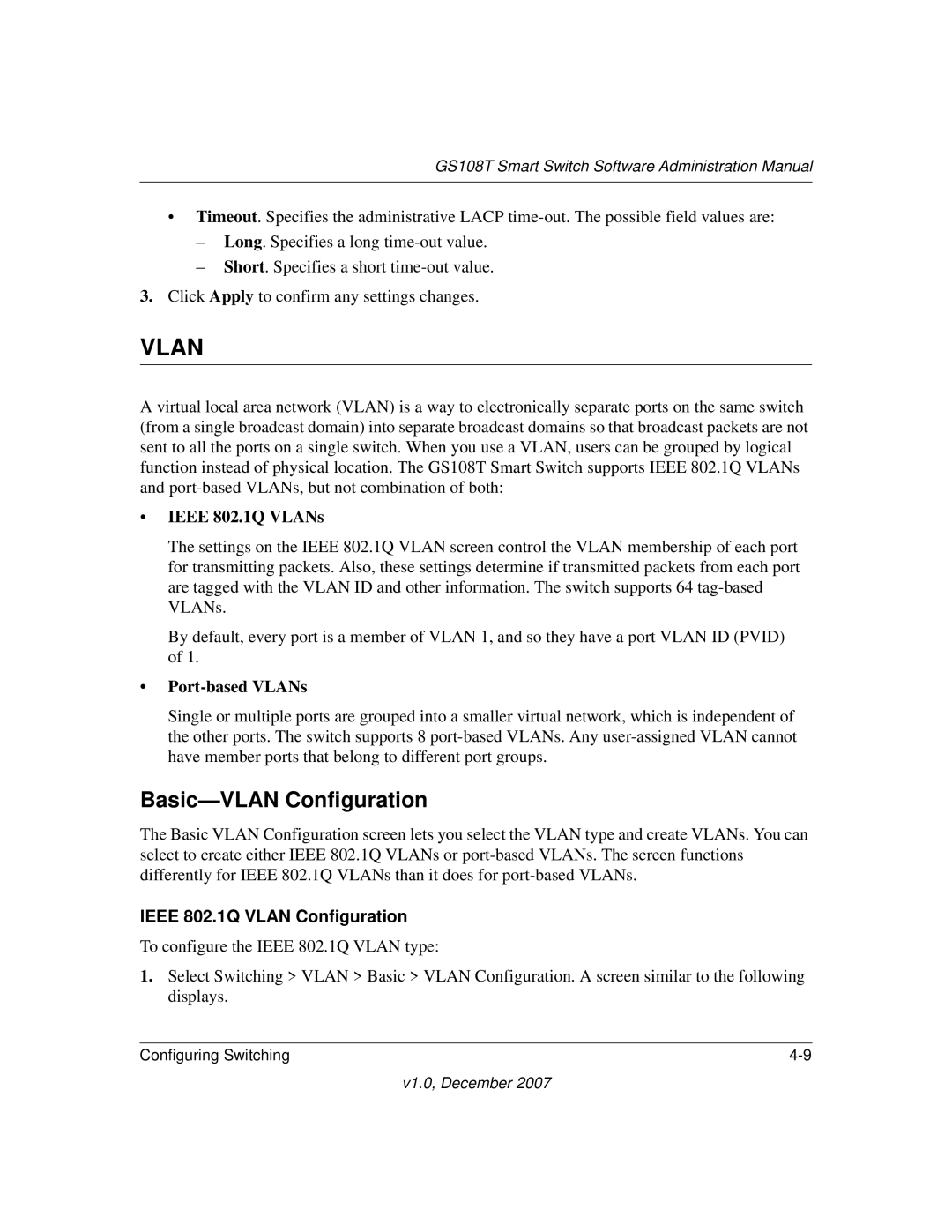 NETGEAR GS108T-100NAS manual Vlan, Basic-VLAN Configuration 