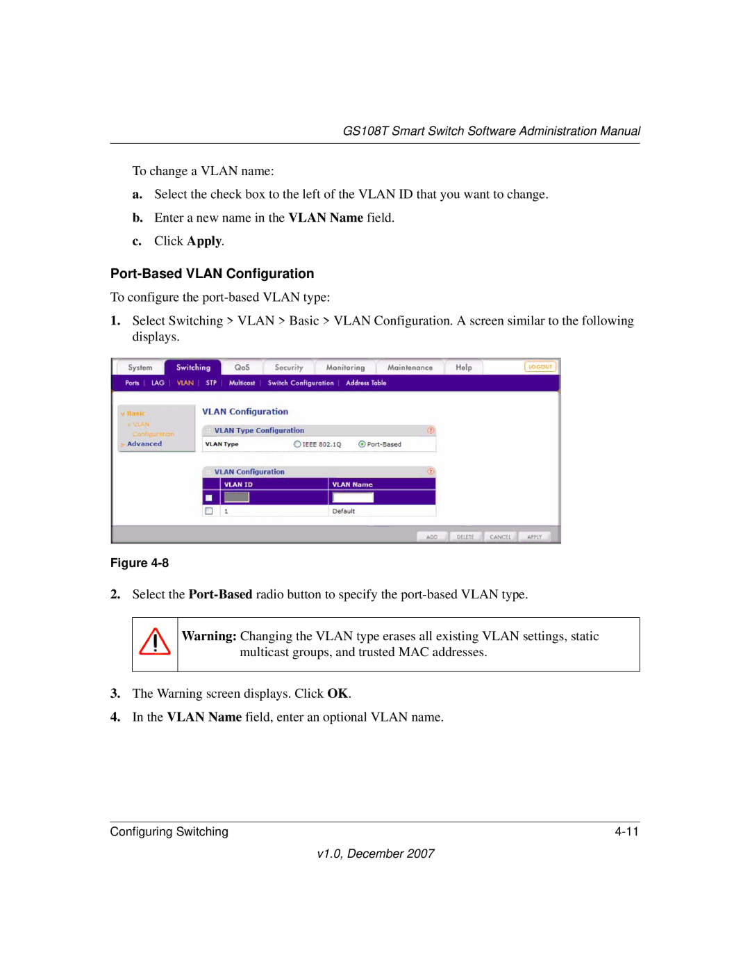 NETGEAR GS108T-100NAS manual Port-Based Vlan Configuration 