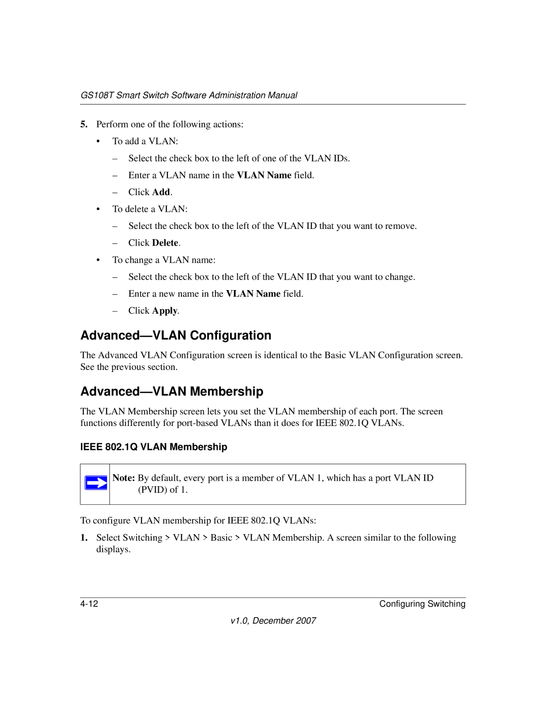 NETGEAR GS108T-100NAS manual Advanced-VLAN Configuration, Advanced-VLAN Membership 