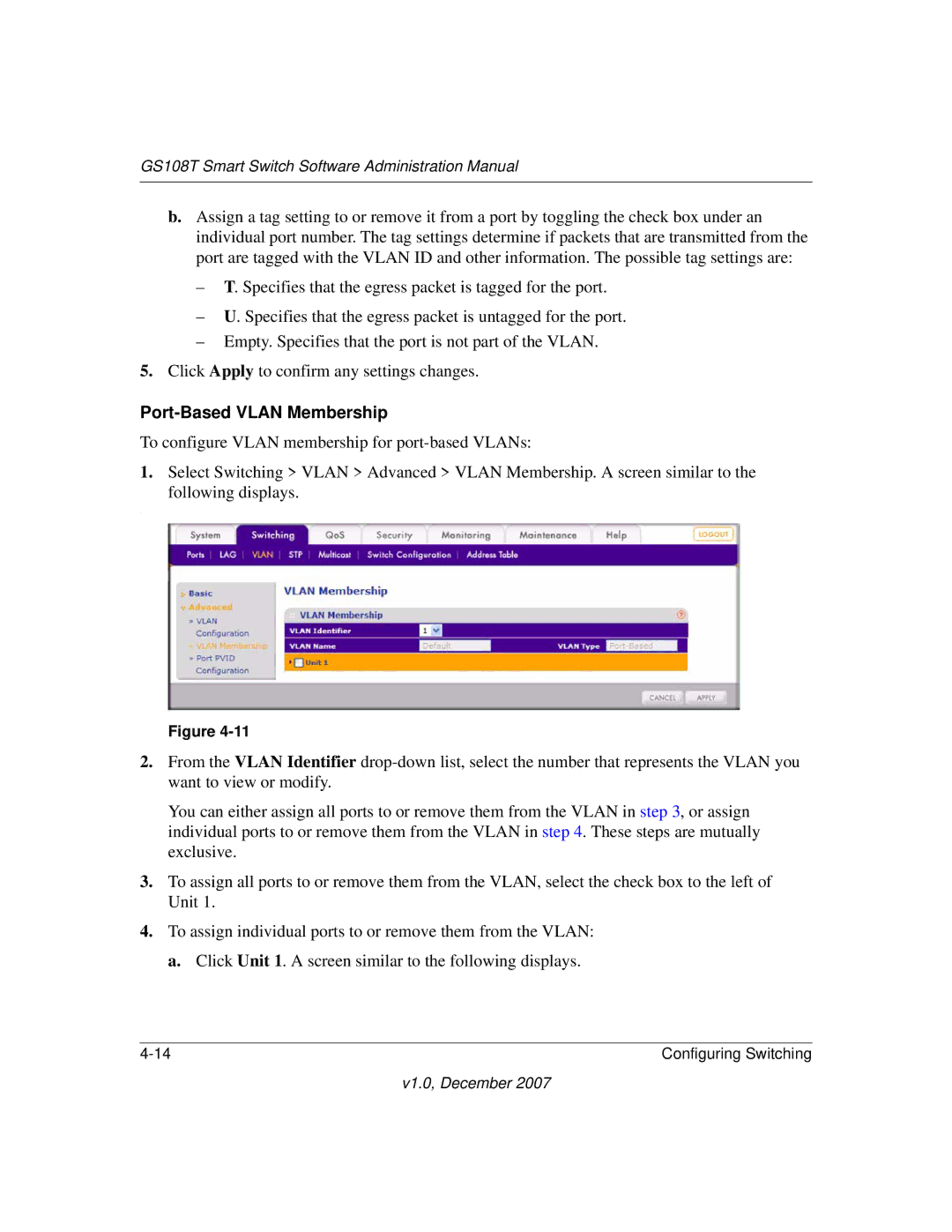 NETGEAR GS108T-100NAS manual Port-Based Vlan Membership 