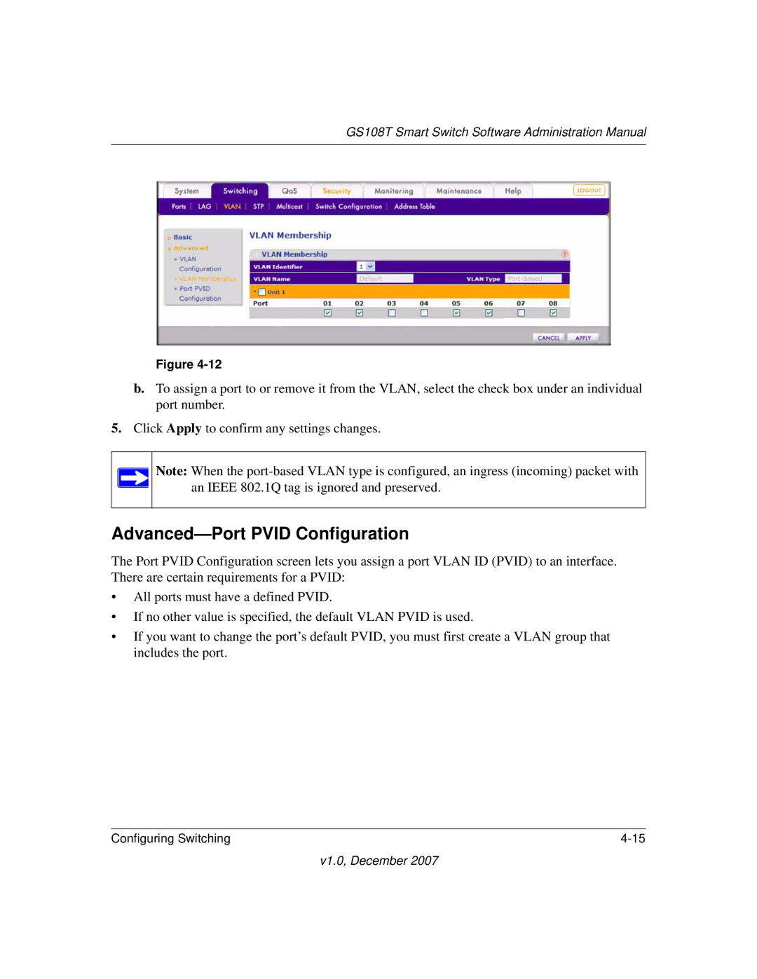 NETGEAR GS108T-100NAS manual Advanced-Port Pvid Configuration 