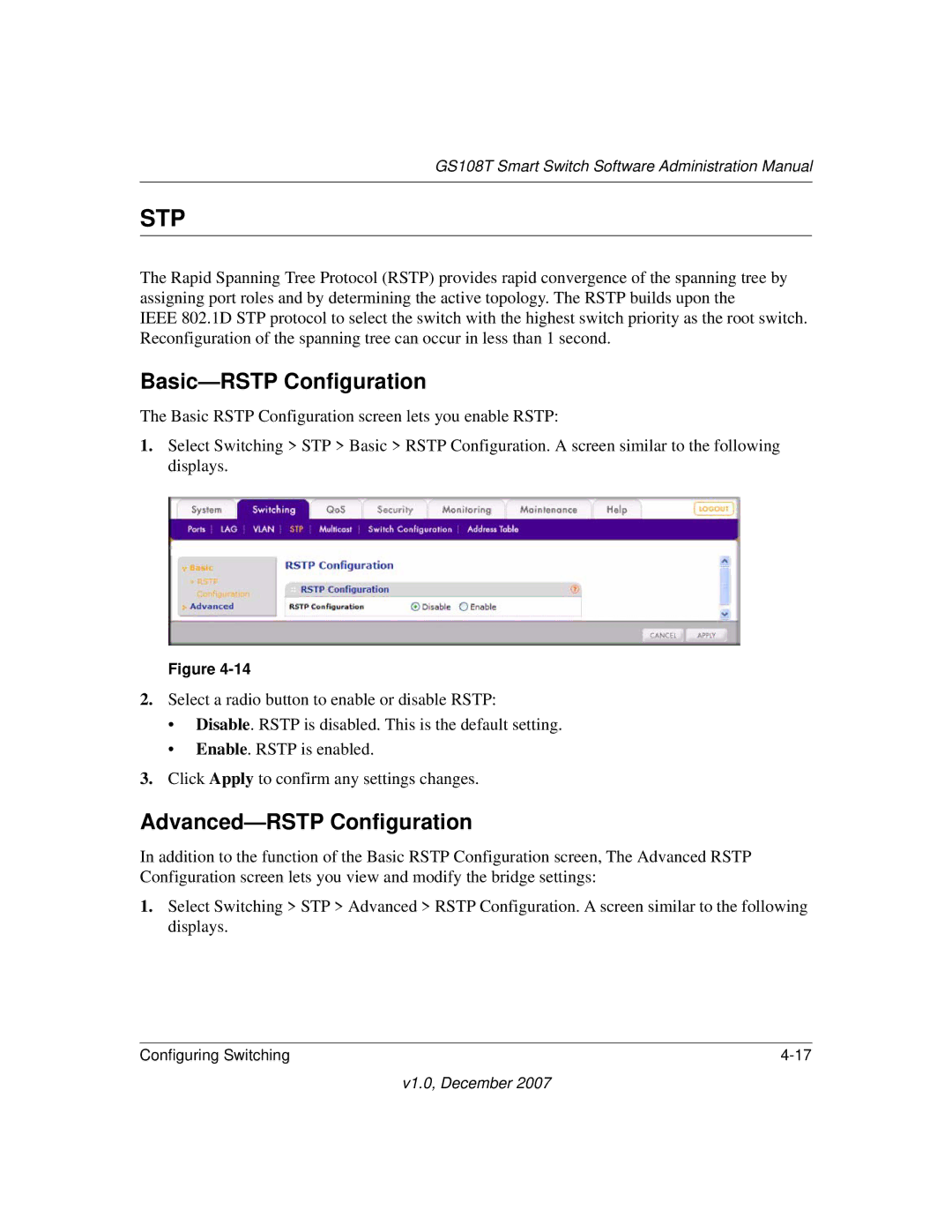 NETGEAR GS108T-100NAS manual Basic-RSTP Configuration, Advanced-RSTP Configuration 