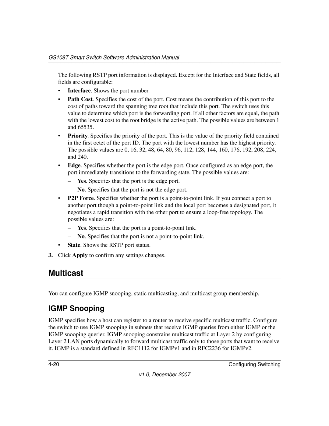 NETGEAR GS108T-100NAS manual Multicast, Igmp Snooping 