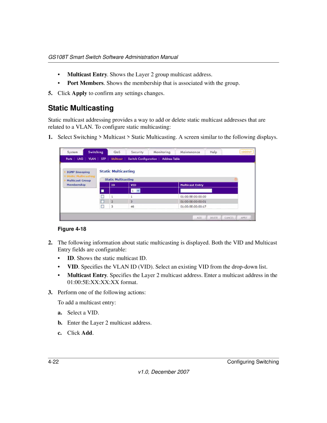 NETGEAR GS108T-100NAS manual Static Multicasting 