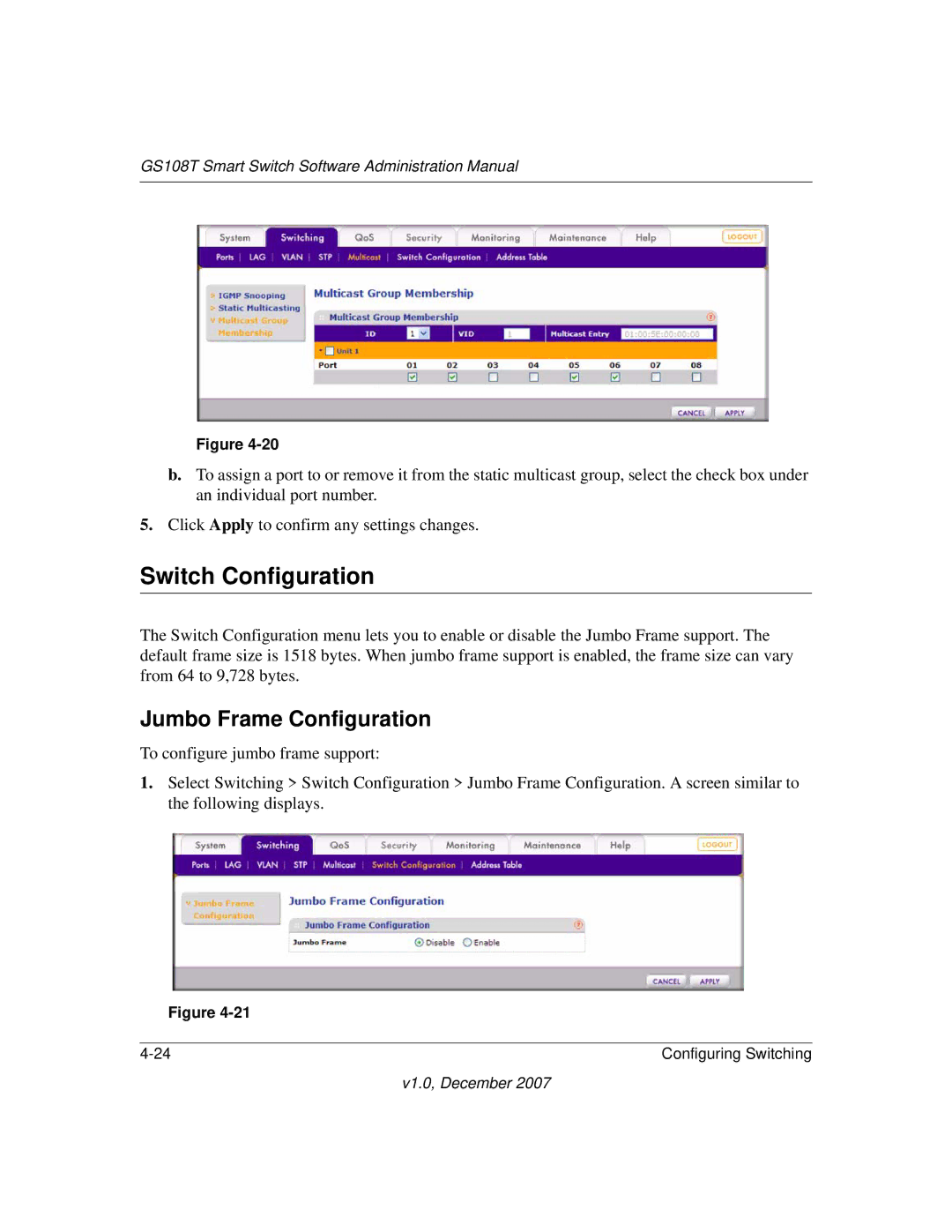 NETGEAR GS108T-100NAS manual Switch Configuration, Jumbo Frame Configuration 